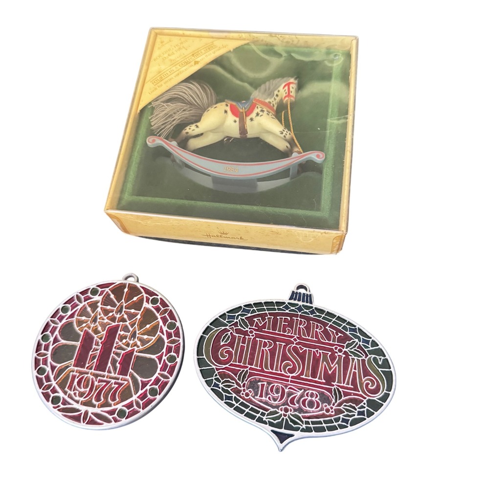 3 Vintage Hallmark Ornaments‎ 1984 Rocking Horse 2 stained glass look 1977 1978